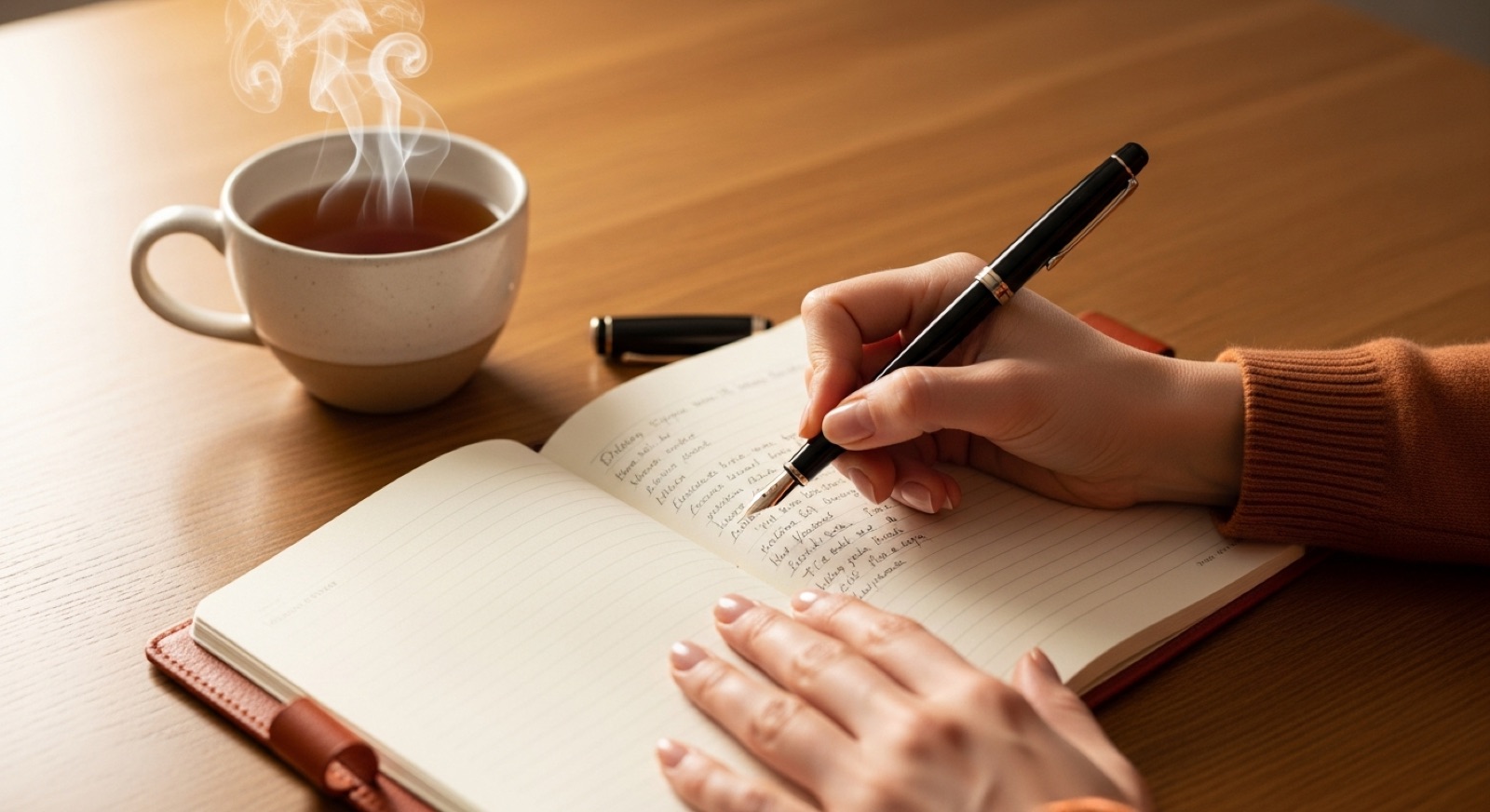 Praticienne prenant des notes à la main, tasse de thé fumante
